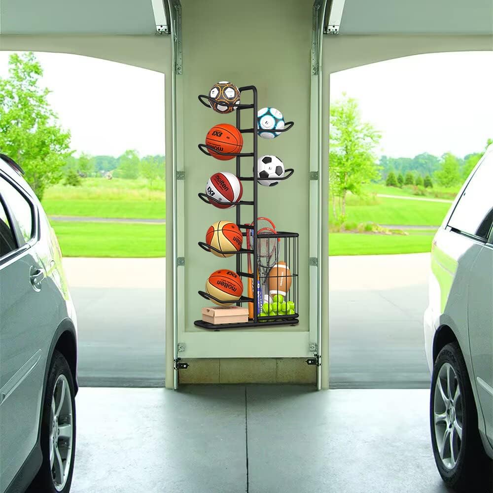 7-Ball Sports Equipment Storage Rack with Ball Holder and Basketball Rack, Athletic Gear Organizer ball Stand - Organize Toys, Sports Gear and More, 57.5" (Black)