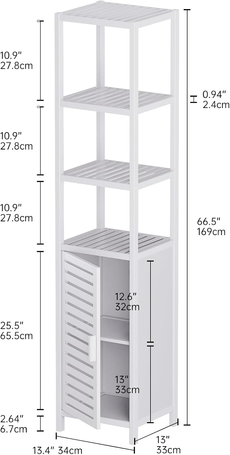 HITNET Bathroom Tall Cabinet, Floor Standing Bamboo Storage Cabinet with 6 Shelves and Shutter Door for Kitchen Living Room, White