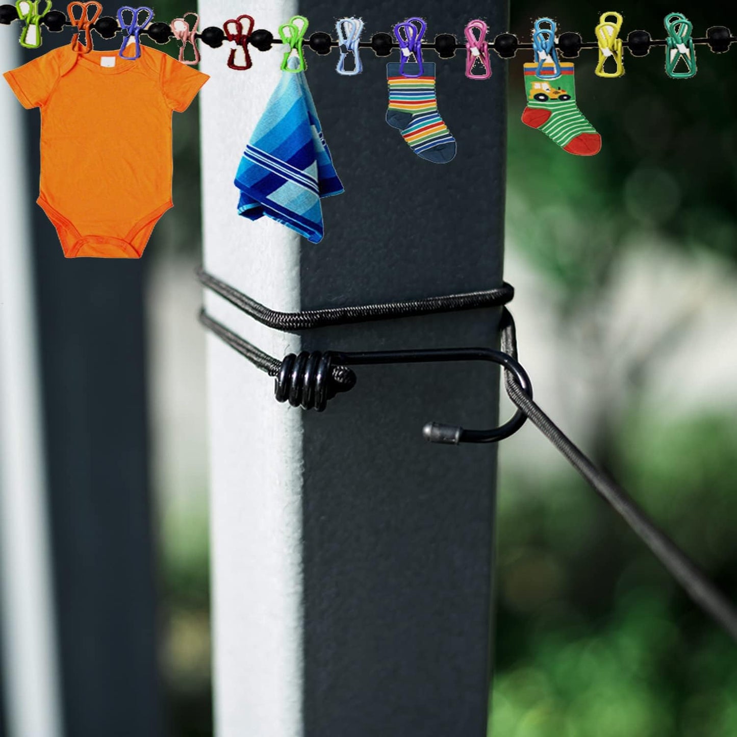 1 Pack Portable Clothesline with 12 Clothespins, Windproof Travel Clothesline Stretchy Retractable Elastic Laundry Clothes Line for Backyard, Vacation Hotel, Balcony Clothes Drying Line (Color)
