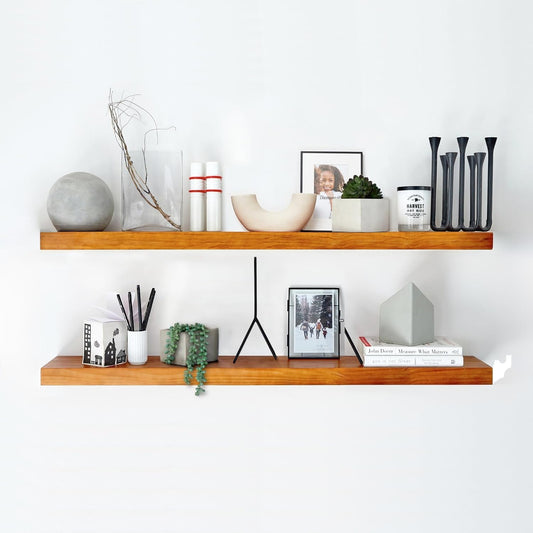 Homeforia Oak Floating Shelves 42 inch Long, High End Solid Real Wood 42inch Floating Shelves for Wall Mounted, Honey Oak Wooden 42in Floating Shelf, Heavy Duty Bracket, 42 X 6.5 X 1.75 in, Set of 3