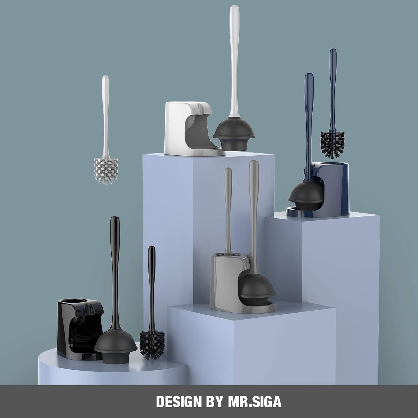 MR.SIGA Toilet Plunger and Bowl Brush Combo for Bathroom Cleaning, Gray, 2 Sets