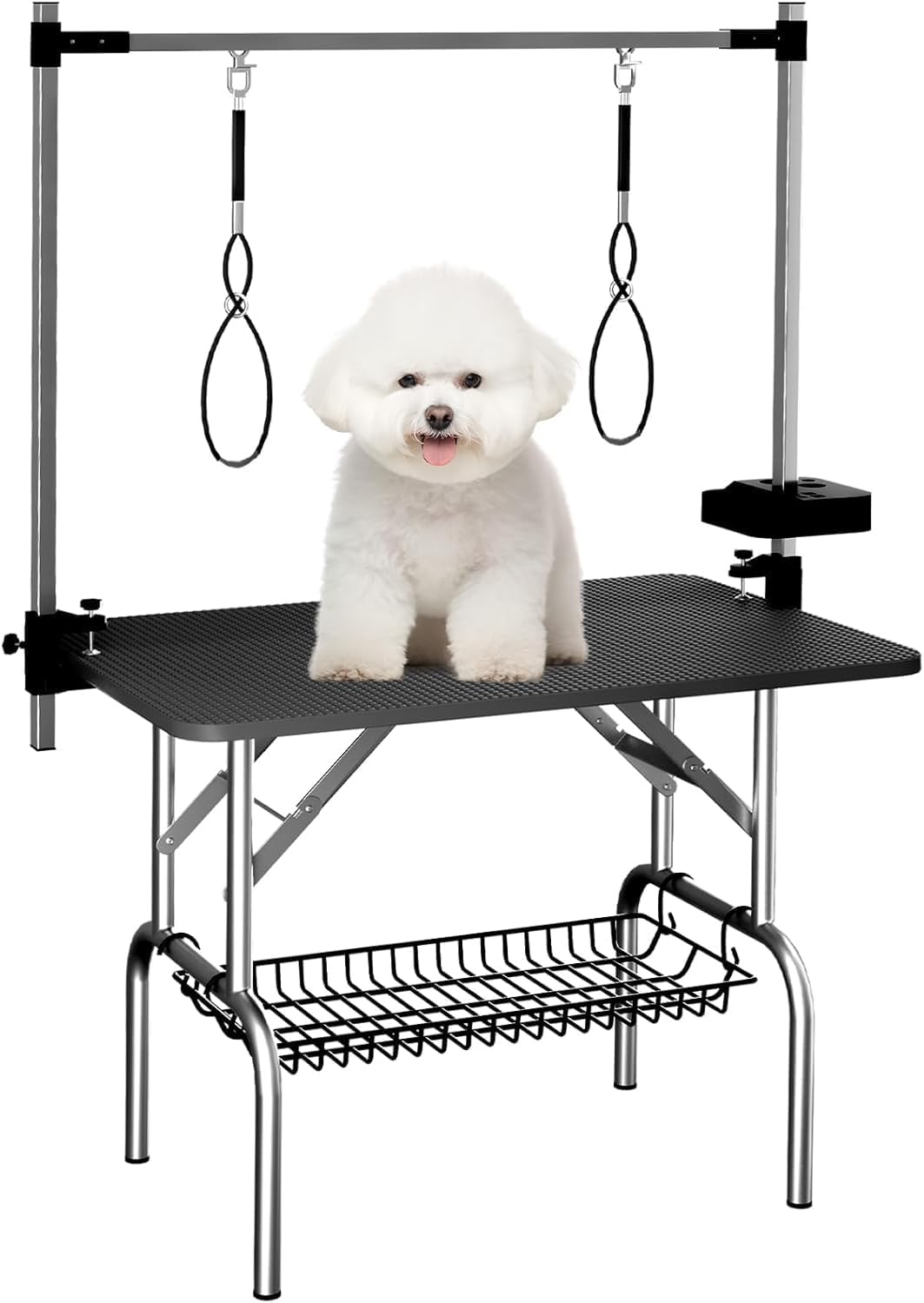 VFK 36" Dog Grooming Table,Foldable Pet Grooming Table for Dogs at Home Black Stainless Steel Bath Grooming Station with Adjustable Arm,Nooses, Mesh Tray,Tool Organizer