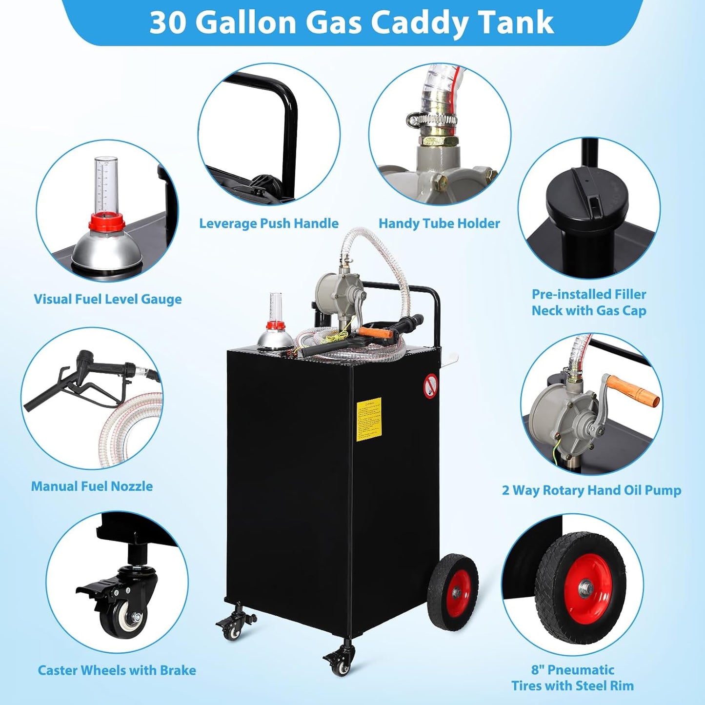 30 Gallon Gas & Diesel Fuel Caddy with Transfer Pump – Mobile Fuel Storage Tank with 4-Wheel Cart for Boats, Lawn Mowers, Snowblowers, Motorcycles & Construction Equipment - Black