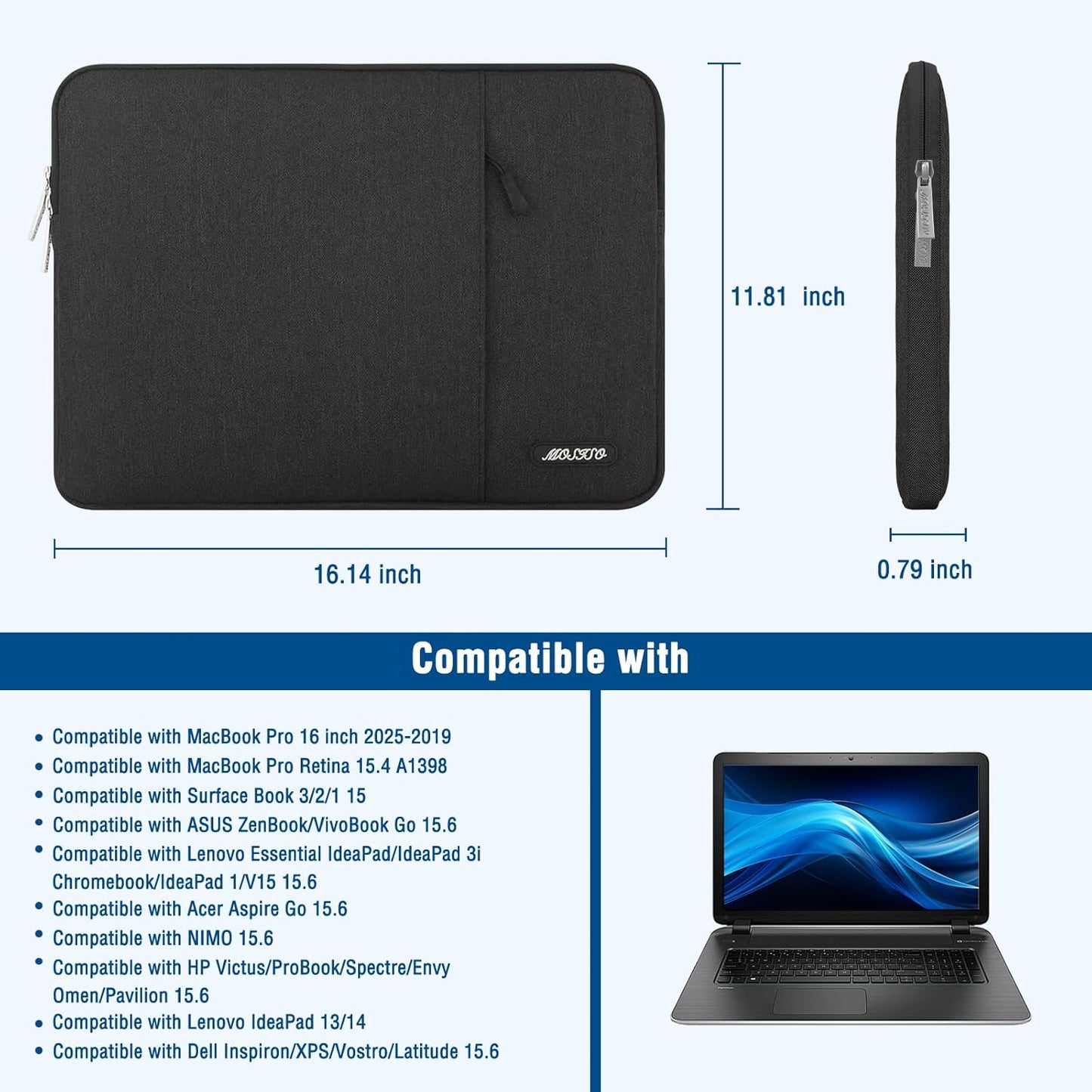 MOSISO Laptop Case 16 inch, 15-15.6 inch Laptop Sleeve Compatible with MacBook Pro 16 M4 M3 M2 M1, HP Acer Dell Lenovo ASUS Notebook, Polyester Vertical Computer Sleeve Bag with Pocket, Black