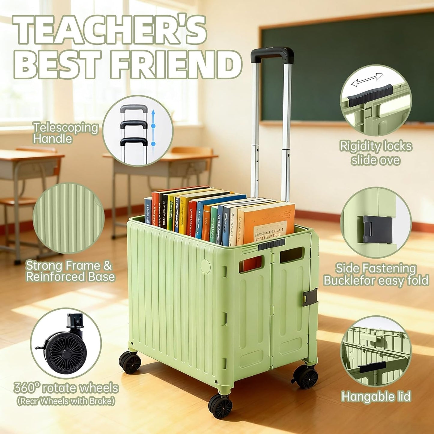 Heavy Duty Rolling Cart for Stairs：Collapsible Utility Crate with Wheels & Handle Foldable Tote Box for Toolbox Trade Show Supplies Teachers TODAYGO Mobile Storage Cart with Lid