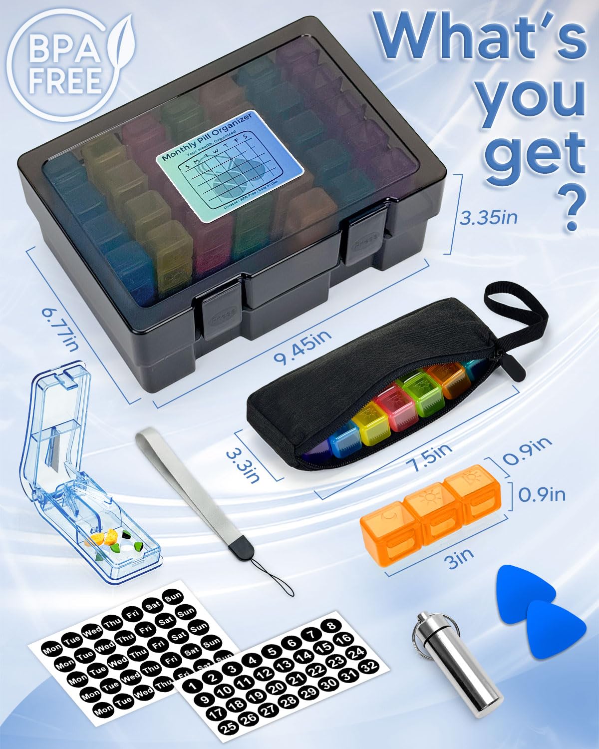 Monthly Pill Organizer 3 Times a Day, FRIWOLE Medicine Box with Portable Weekly Pill Bag, Keychain Pill Case, Pill Cutter and 2 Sticker (Black, 3 Times a Day)