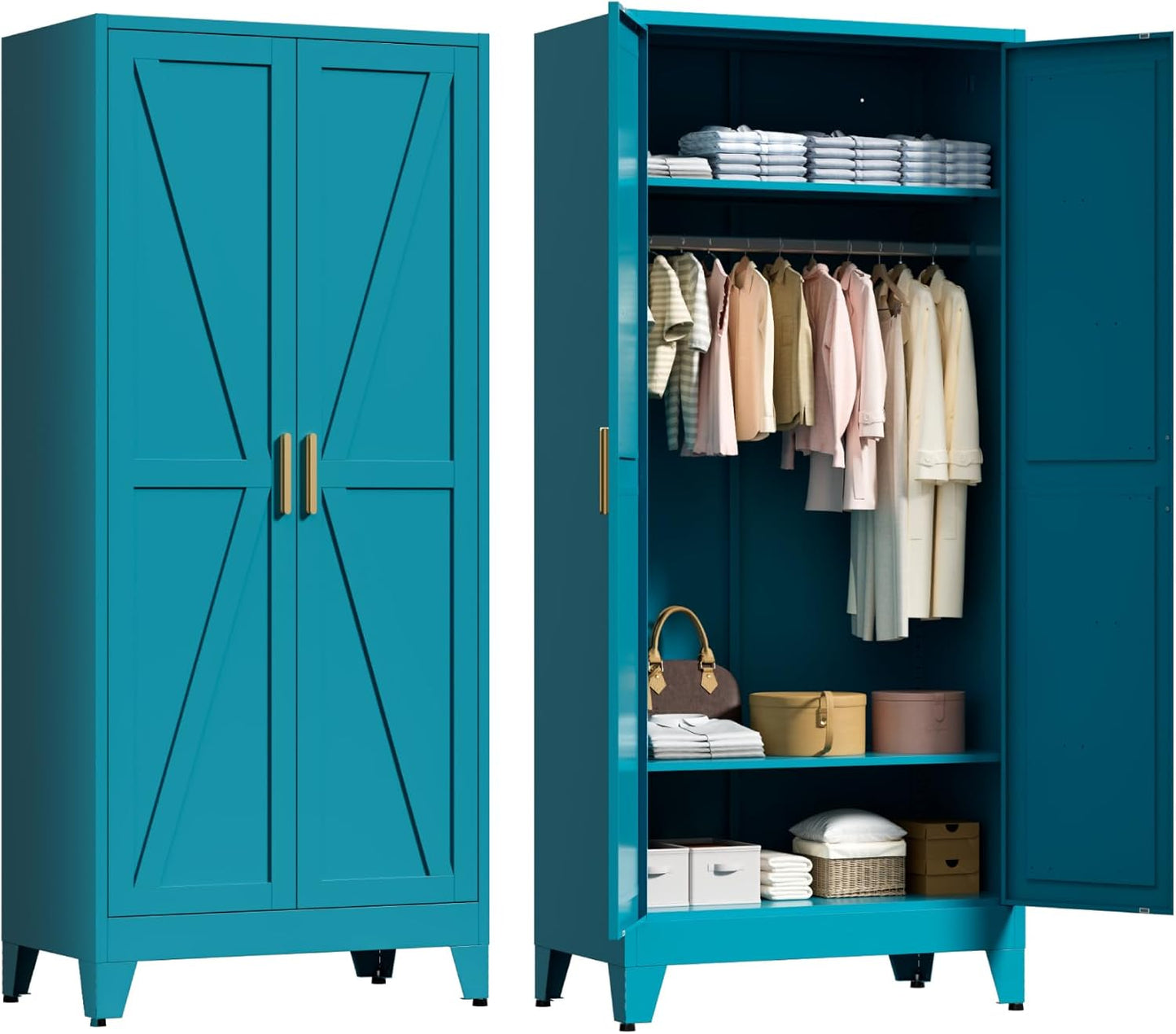 71" Tall Metal Wardrobe Closet with Adjustable Shelves and Hanging Rod, 2 Doors Free Standing Armoire Wardrobe Cabinet for Bedroom, Office, Laundry Room, Blue