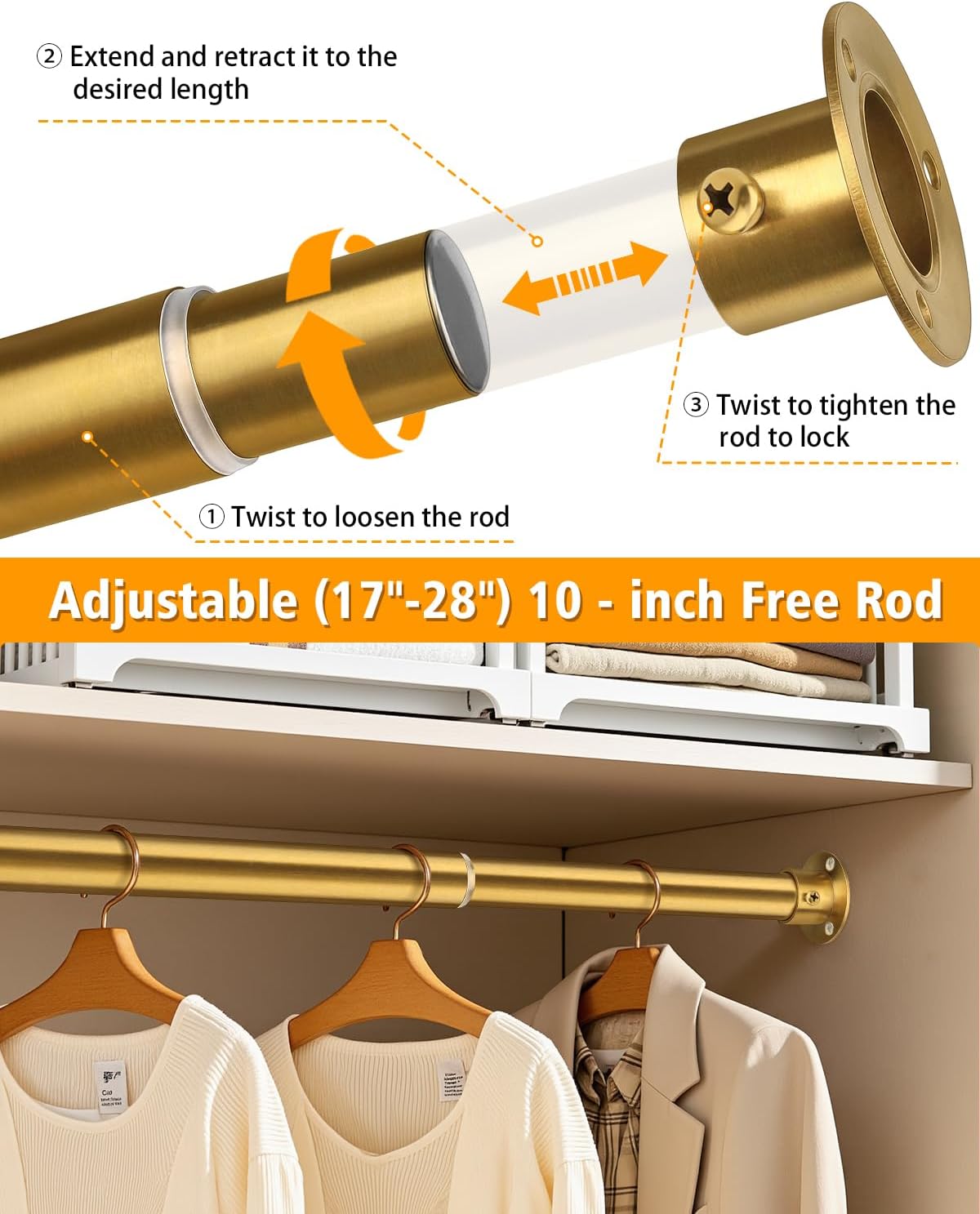 Closet Rods for Hanging Clothes, 17-76 Inch Heavy Duty and Stepless Adjustable Closet Poles, Stainless Steel Closet Hanging Rod for Closet, Wardrobes, Laundry Room, Bathroom, RV (Gold)