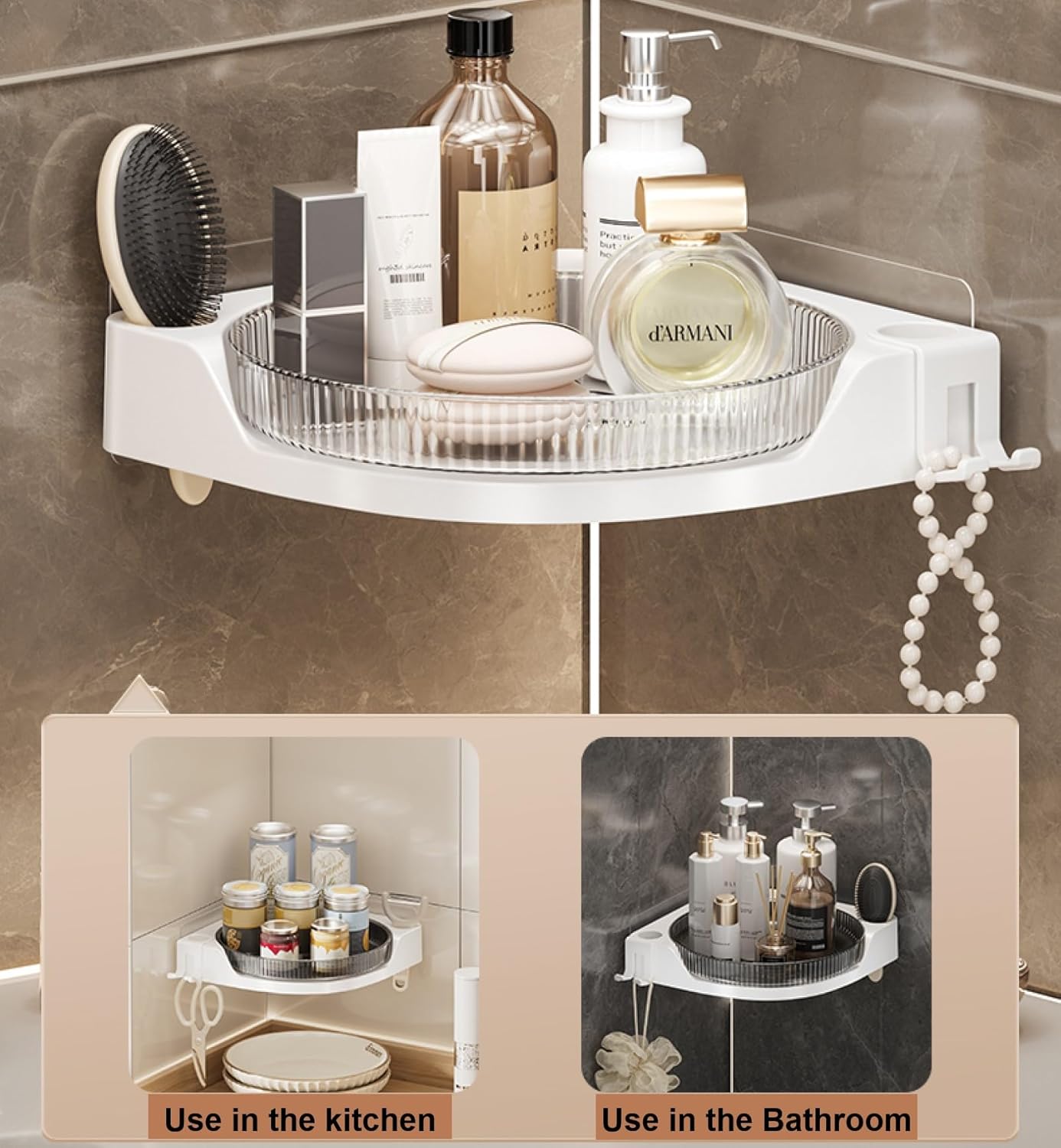 360 Rotating Makeup Organizer Spinning Bathroom Organizer 1 Pack Corner Storage Organizer with Hooks for Perfume Lotion Skincare Organizer Countertop Kitchen Storage(Clear)