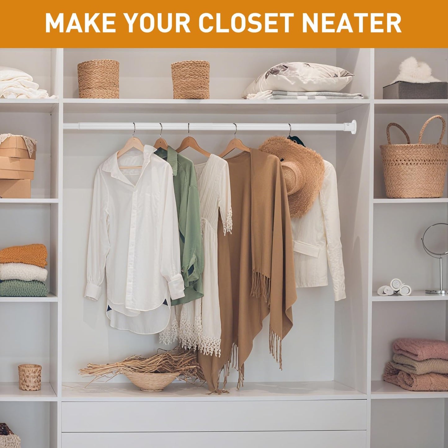 White Adjustable Closet Rod 18-92 Inches, Heavy Duty Metal Clothes Hanging Rod, Rust-Proof Non-Slip Wardrobe Bar for Closet, Laundry Room, RV