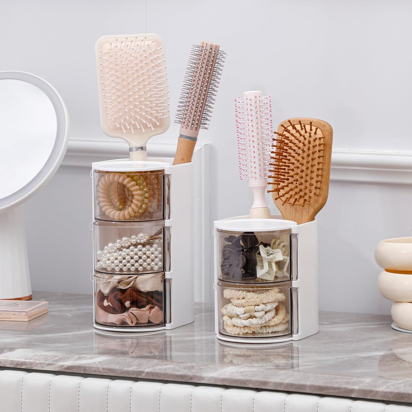 FABROK 2-Layer Clear Hair Accessories Organizer with Hair Brushes Holder, Rotatable Small Jewelry Box for Necklaces、Earring, Desktop Organizer Case for Makeup Brushes, Hair Accessories, Cotton Swab