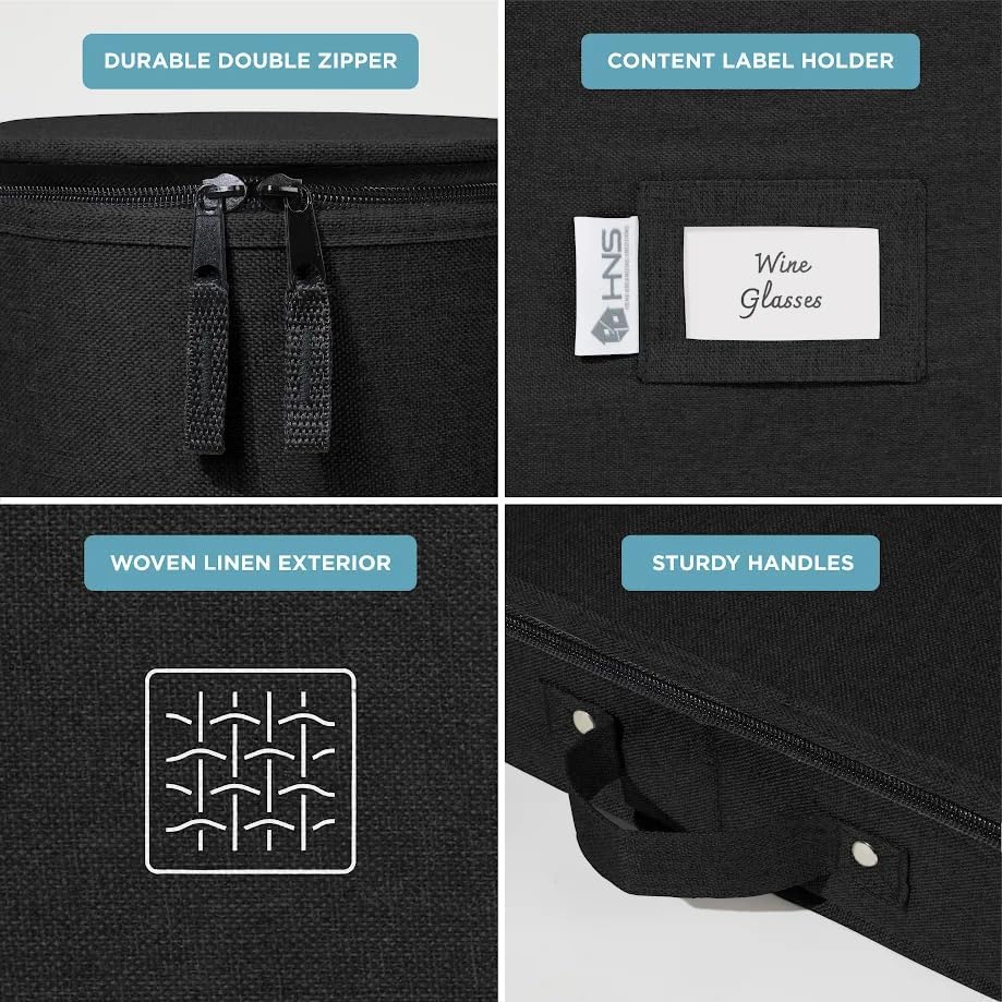 Hard Shell China Storage Containers 8-Piece Set Moving Boxes for Dinnerware, Glasses, Plates, Mugs and Saucers Sturdy Dish Organizer with Dividers for Seasonal Storage - Service for 12 - Black