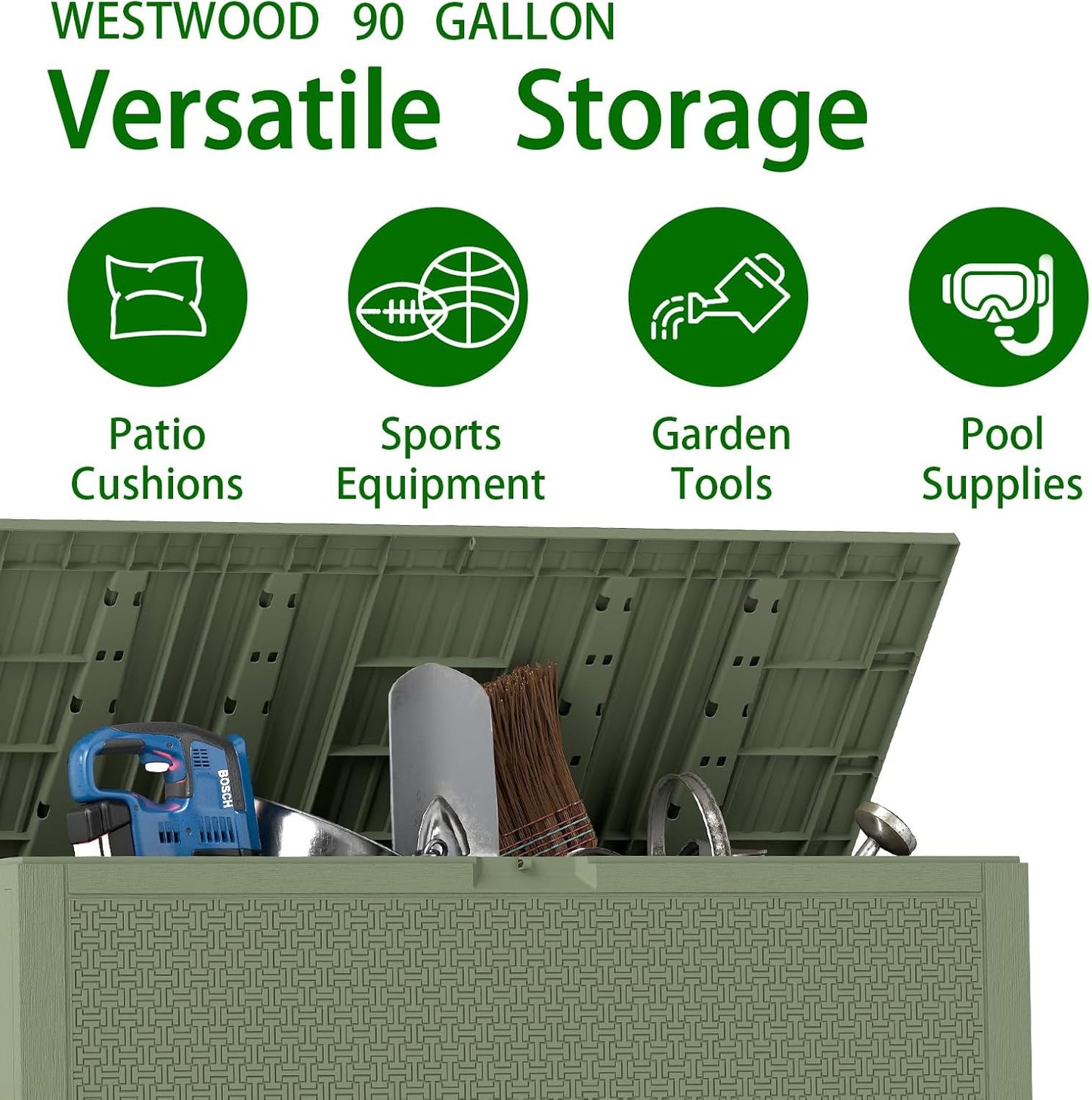 ZYJOYY Outdoor Storage Box, 90 Gallon Deck Box, Waterproof Resin Storage Bin for Patio Cushions, Gardening Tools, Lockable, UV Resistant,Olive Green