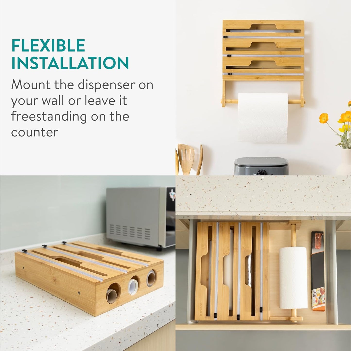 Navaris 4 in 1 Plastic Wrap Dispenser with Cutter - Space Saving Kitchen Roll Storage Foil Organizer for Drawer - Bamboo Kitchen Wrap Paper Roll Baking Paper and Aluminum Holder