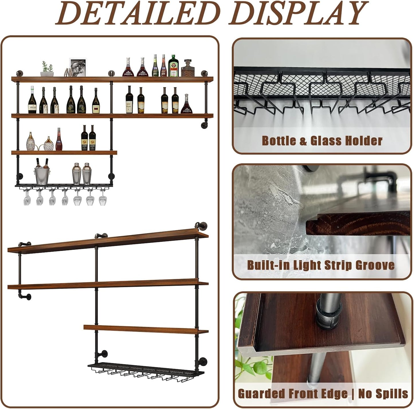 Solid Wood Wall Mounted Wine Rack, Large Wine Rack with LED Light, 4 Tiers Liquor Bottles Floating Shelves with Glass Holder, Industrial Bar Shelves for Home Bar Dining Room (141.8 IN/ 360CM)