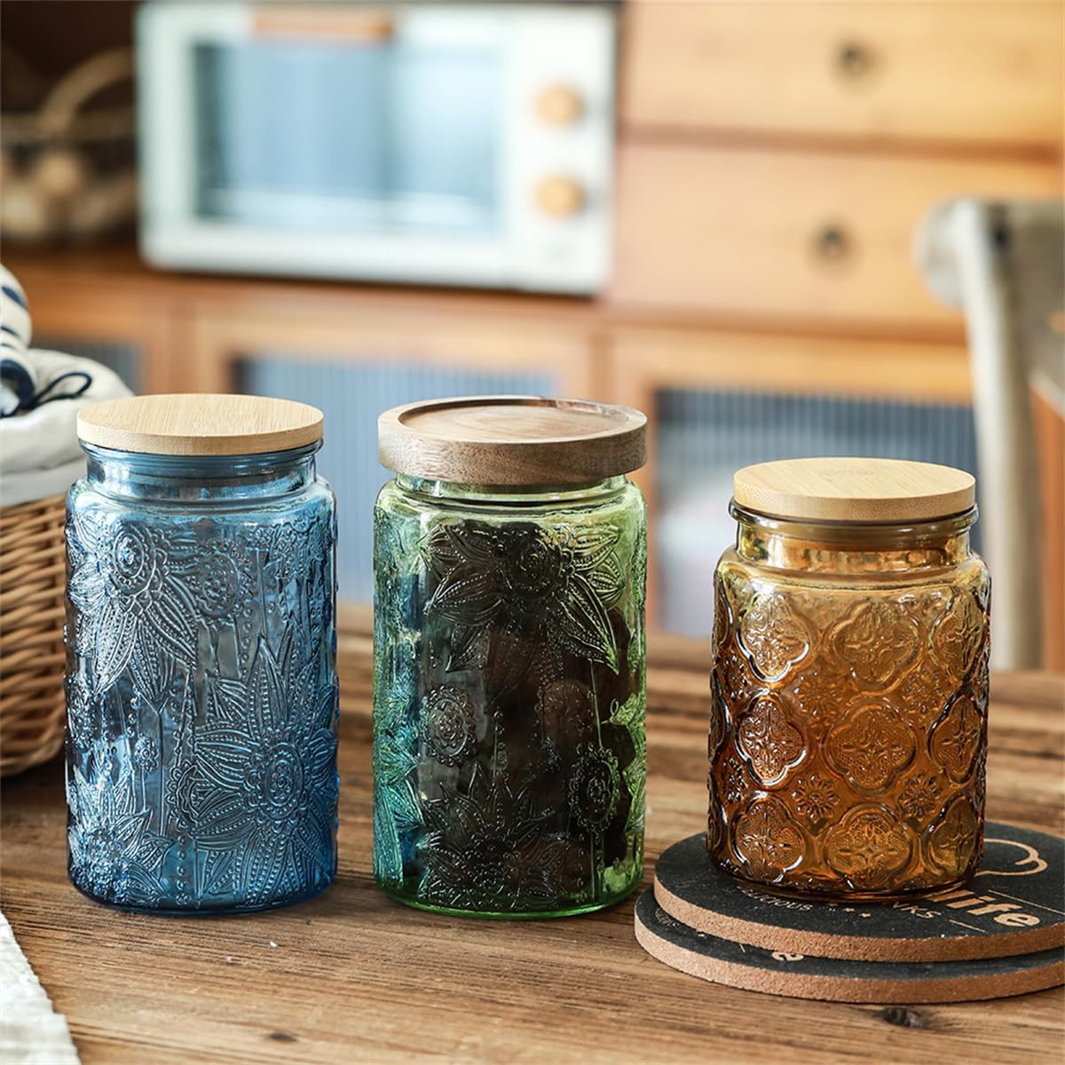 Set of 2 Vintage Glass Storage Containers, Green Glass Jars with Solid Wood Lids, 34 FL OZ Decorative Jars for Kitchen Storage Cabinets for Coffee, Jam, Nuts, Pasta, Cookie (Green Sunflower)
