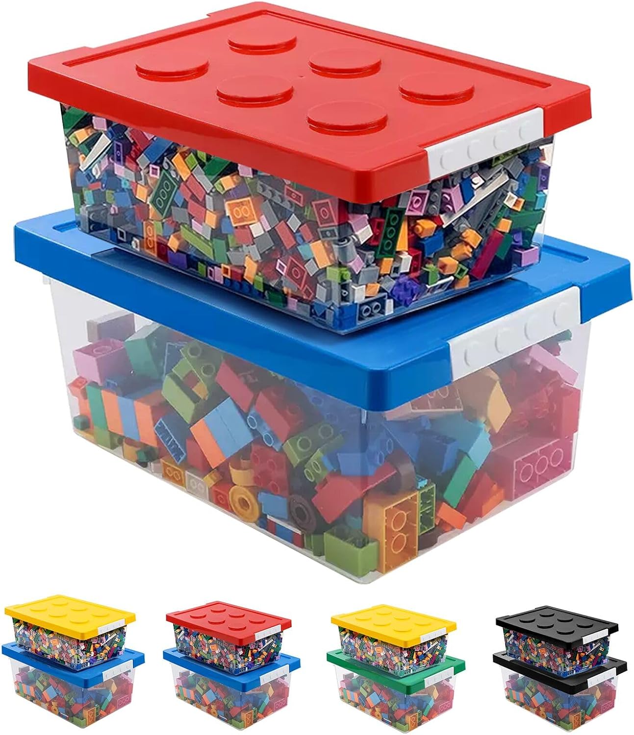 loobuu Plastic Storage Bins with Lids - Stackable Toy Storage Organizer Box Set of 2, Toy Chests with Compatible Building Baseplate and Lid, Storage Container for Building Bricks - Red+Blue