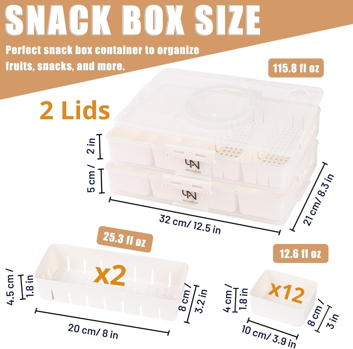 Stackable Snackle Box Container with 2 Lids, 14 Compartments - BPA-Free Snackle box Organizer, Dishwasher & Microwave Safe Reusable Snacklebox for Veggies, Fruits, Charcuterie, Snacks (White, 2 Pack)