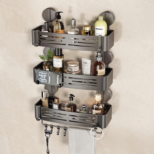 VOLPONE Shower Caddy Suction Cup No Drilling Suction Cup Shower Shelf Heavy Duty Bathroom Shower Organizer Storage Rack Adhesive with Towel Bar Hooks (3-Pack, Matte Gray)