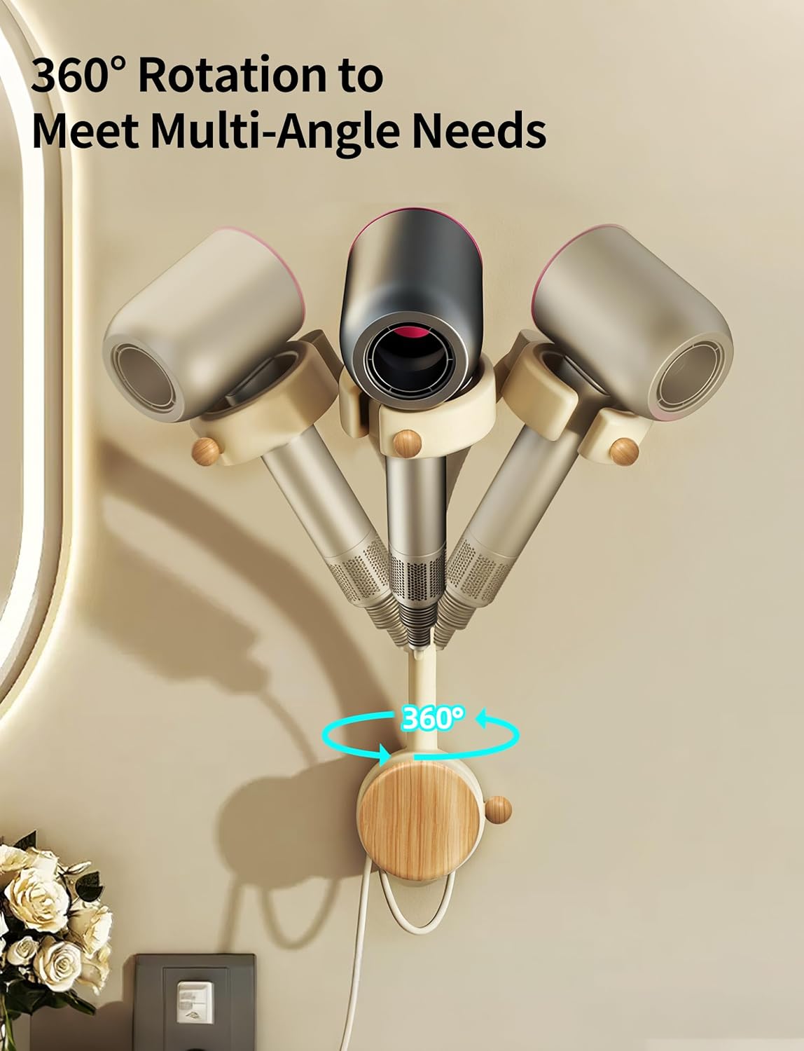 Hair Dryer Holder Wall Mounted with Suction Cup, No Drill Installation for Damage-Free Walls, 360° Adjustable Hands Free Blow Dryer Holder Fits Most Hair Dryers for Bathroom Organization 1Pack(White)