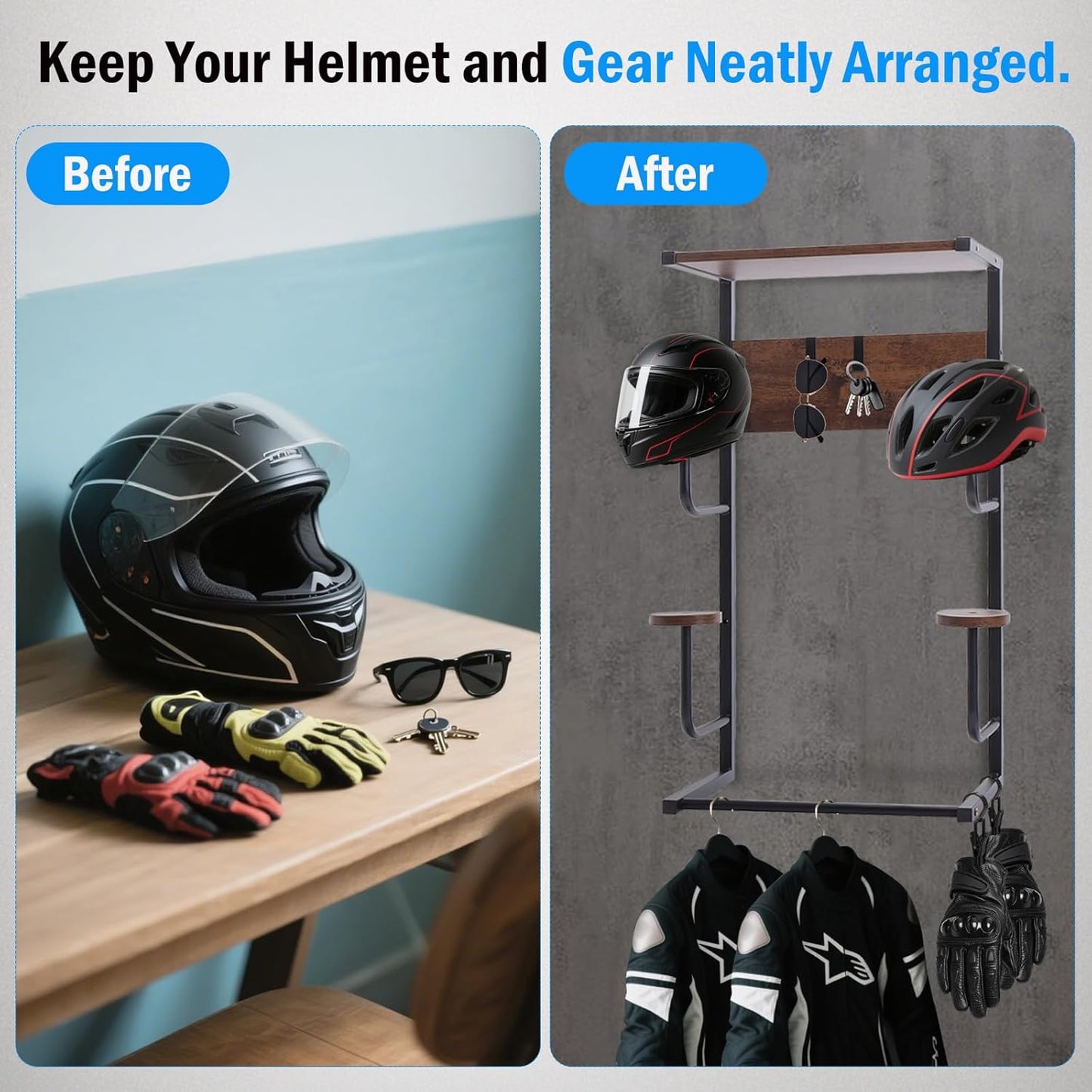 Motorcycle Helmet Holder, Durable Helmet Rack with Wooden Board, Helmet Wall Mount for Bike Accessories Storage, Vintage Black Finish for Garage Organization