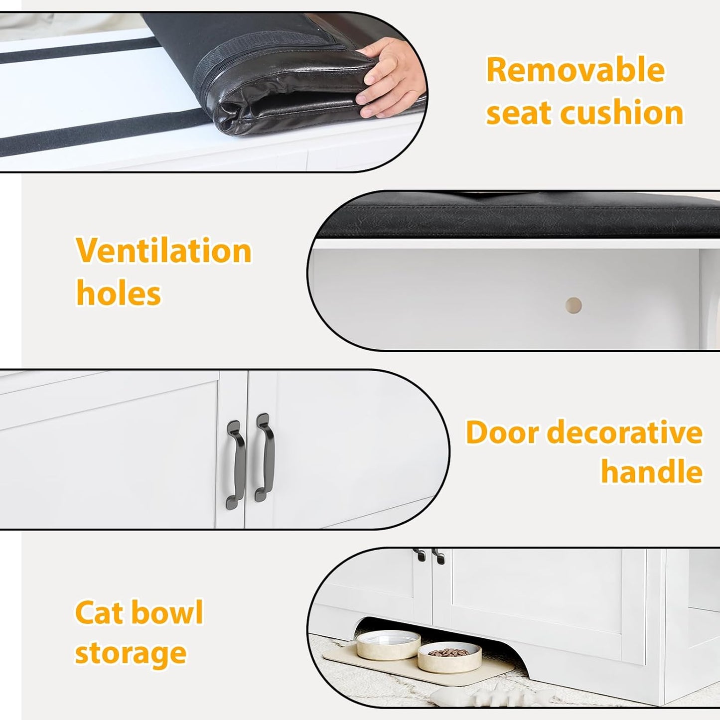 Modern Cat Litter Box Enclosure, 39" Hidden Litter Box Furniture with Removable Padded Seat Cushion, Flip-Top Design, Cat Washroom Bench with Storage Cabinet, Fit Most of Litter Box,White