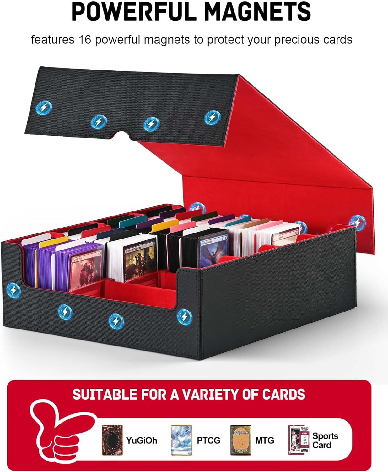 ZLCA Card Storage Box for MTG PTCG, Commander Deck Box Holds 3200+ Cards, Trading Card Storage Case with 4 Stoppers, Card Organizer for TCG Sport Cards(Black&Red)