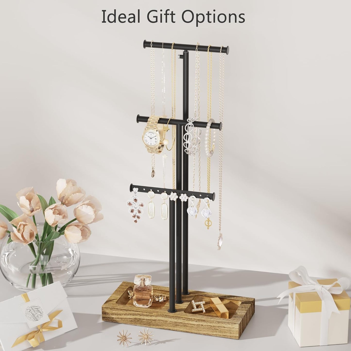 Love-KANKEI Jewelry Organizer Stand Metal & Wood Base and Large Storage Necklaces Bracelets Earrings Holder Organizer Gift Black and Carbonized Black