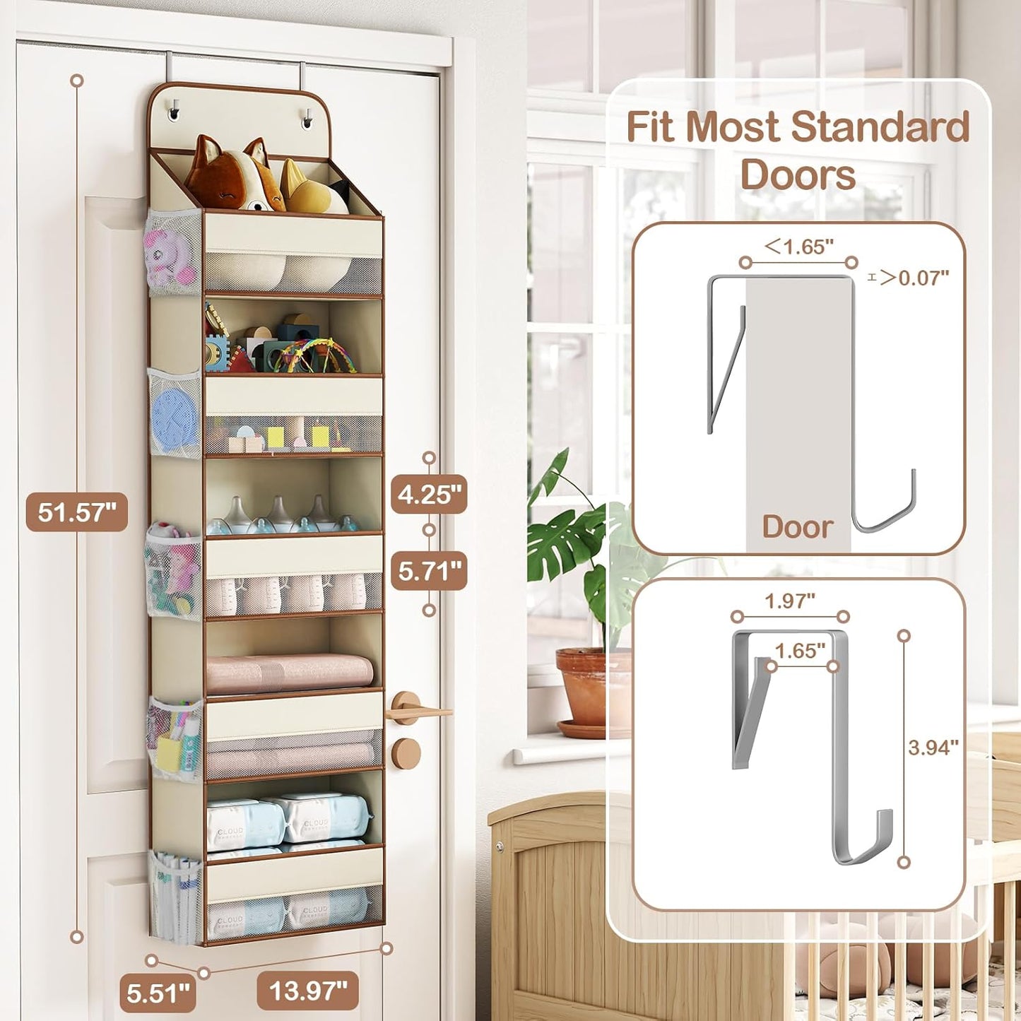 LAMU 5 Tier Over the Door Organizer Hanging, Swing - Proof Closet Behind Door Storage with 5 Large Pocket and 10 Side Pockets, Back of Door Organizers for Bedroom, Nursery and Bathroom (1 Pack, Beige)