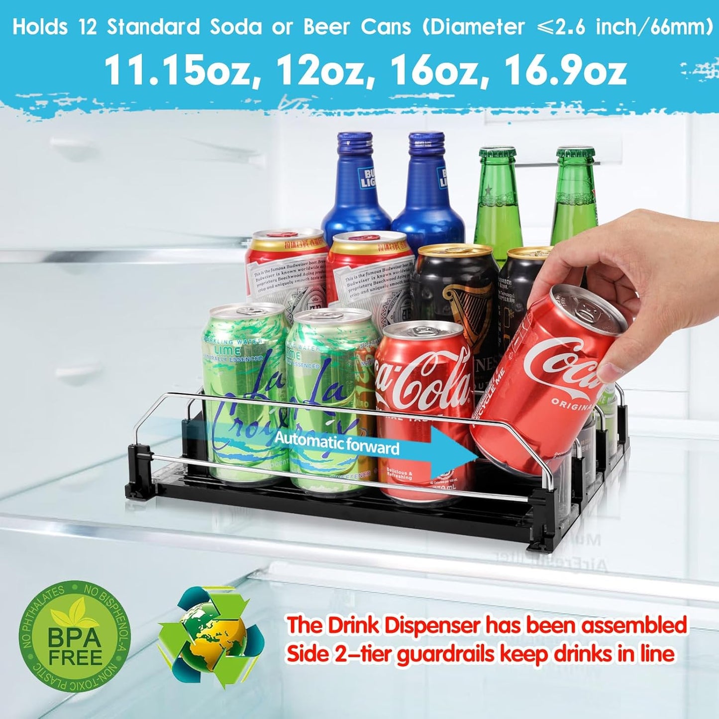 Drink Dispenser for Refrigerator, Self-Pushing Soda Can Organizer for Fridge, 3 Rows has been Assembled, Automatic Can Organizer with Spring Loaded for Refrigerator Holds 12 cans, Black