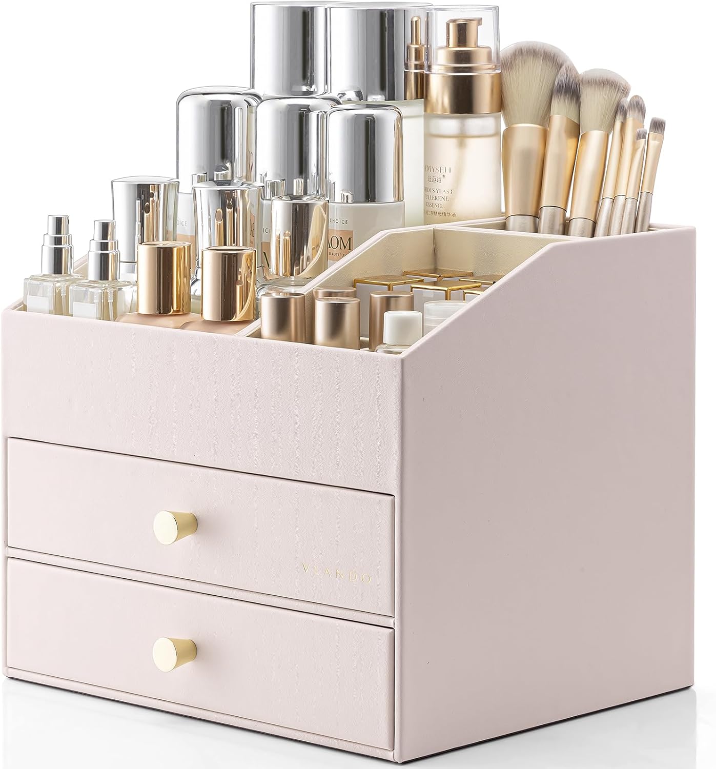 Vlando Makeup Organizer,Skincare Organizer for Vanity，PU Leather Make up Organizer with Drawers Cosmetic Display Case for Countertop,Perfume,Gifts Ideas for Women (Apricot White)