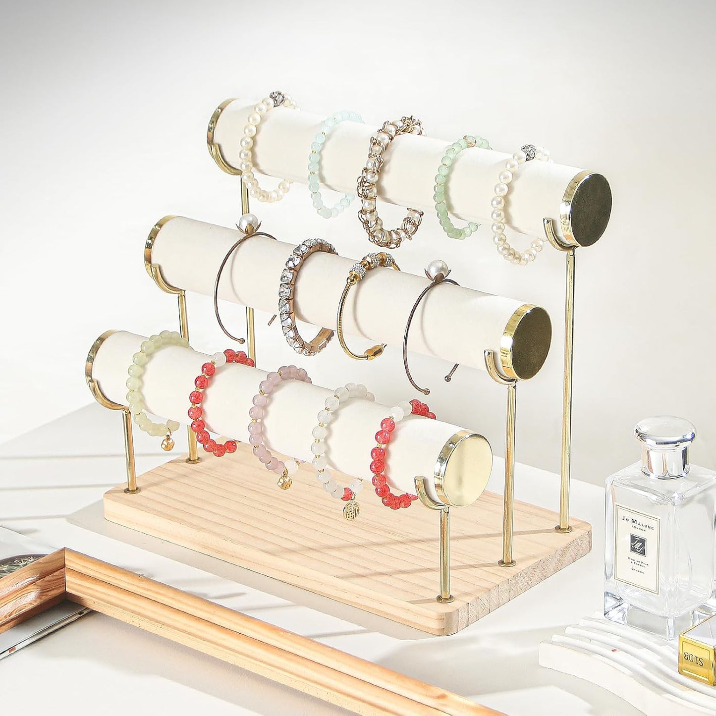 Coward Bracelet Holder Stand Rack, Removable Bracelet Display Organizer, T-Bar Wood Base Bangle Watch Scrunchies Jewelry Storage Towers for Home Desk or Shop Selling (3 Layer)