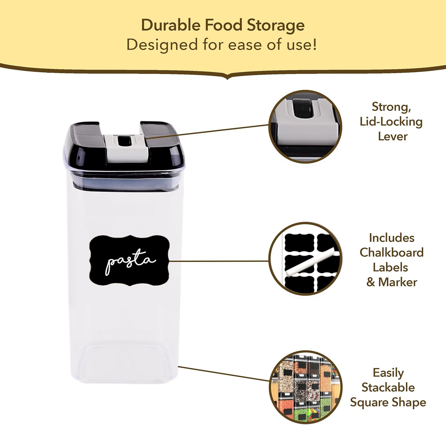 Simply Gourmet Airtight Food Storage Containers with Lids – 6 Piece Slim Kitchen Pantry Organization Set, 5 Cup Capacity, BPA-Free Clear Plastic, Stackable Containers for Flour, Sugar, Rice, Snacks
