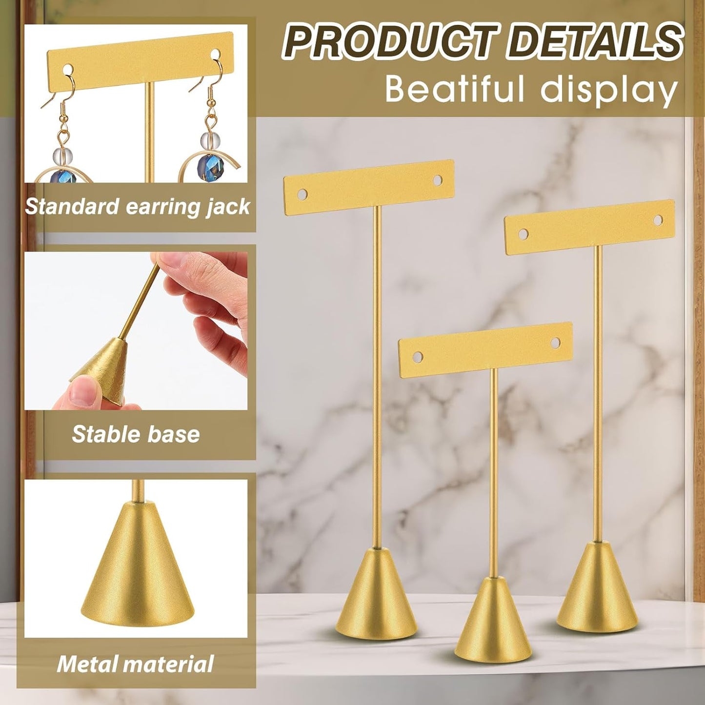 Marsui 12 Pcs Earring Display Set Earring T Bar Display Earring Holders with 3 Heights Earrings Display Stand for Jewelry(Gold)