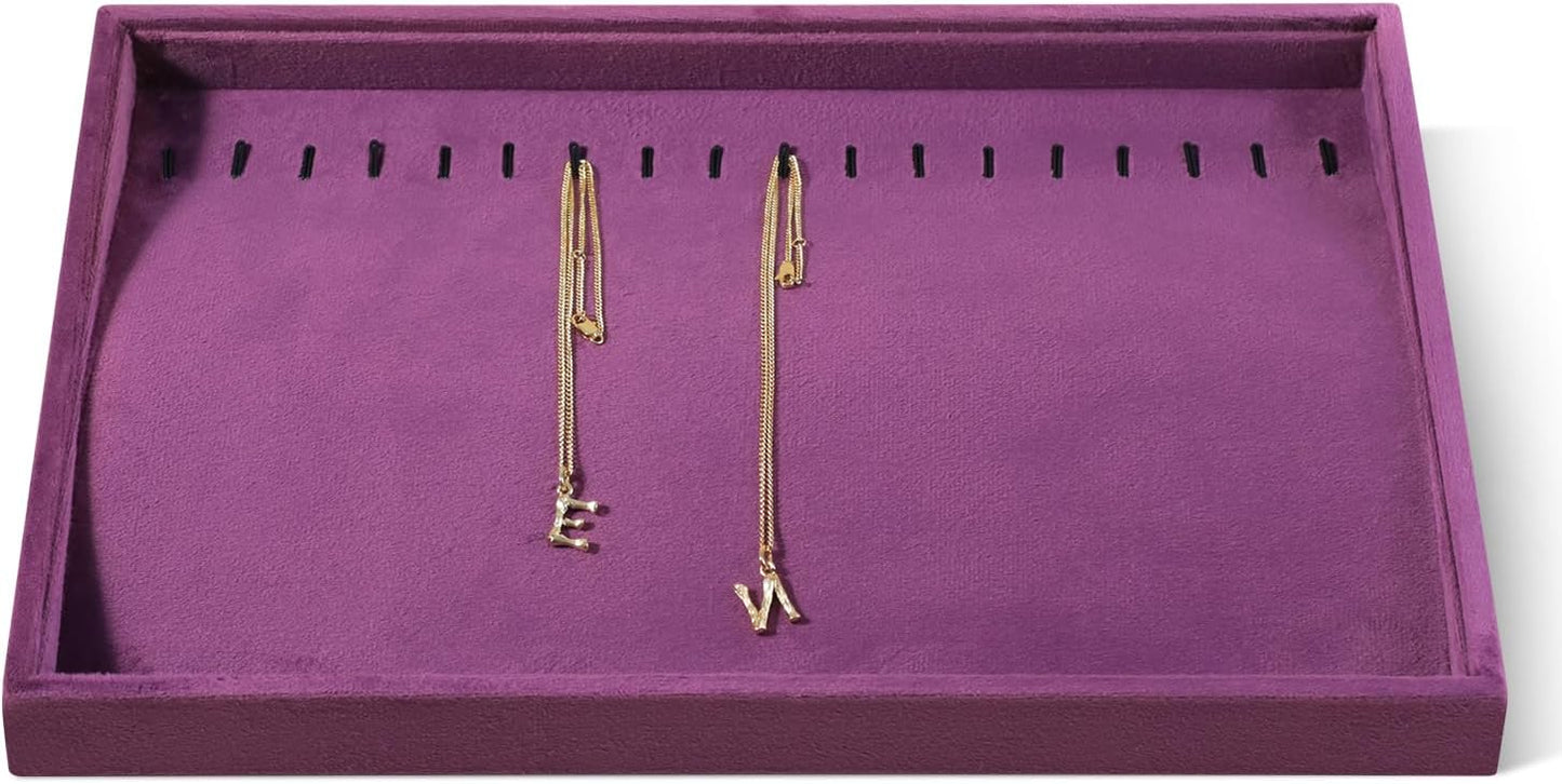 Velvet Jewelry Display Tray For Bracelet Pendant Necklace, Multi-Slot Stackable Storage Tray For Long Chain Jewelries, Drawer Insert Jewelry Organizer (Purple)