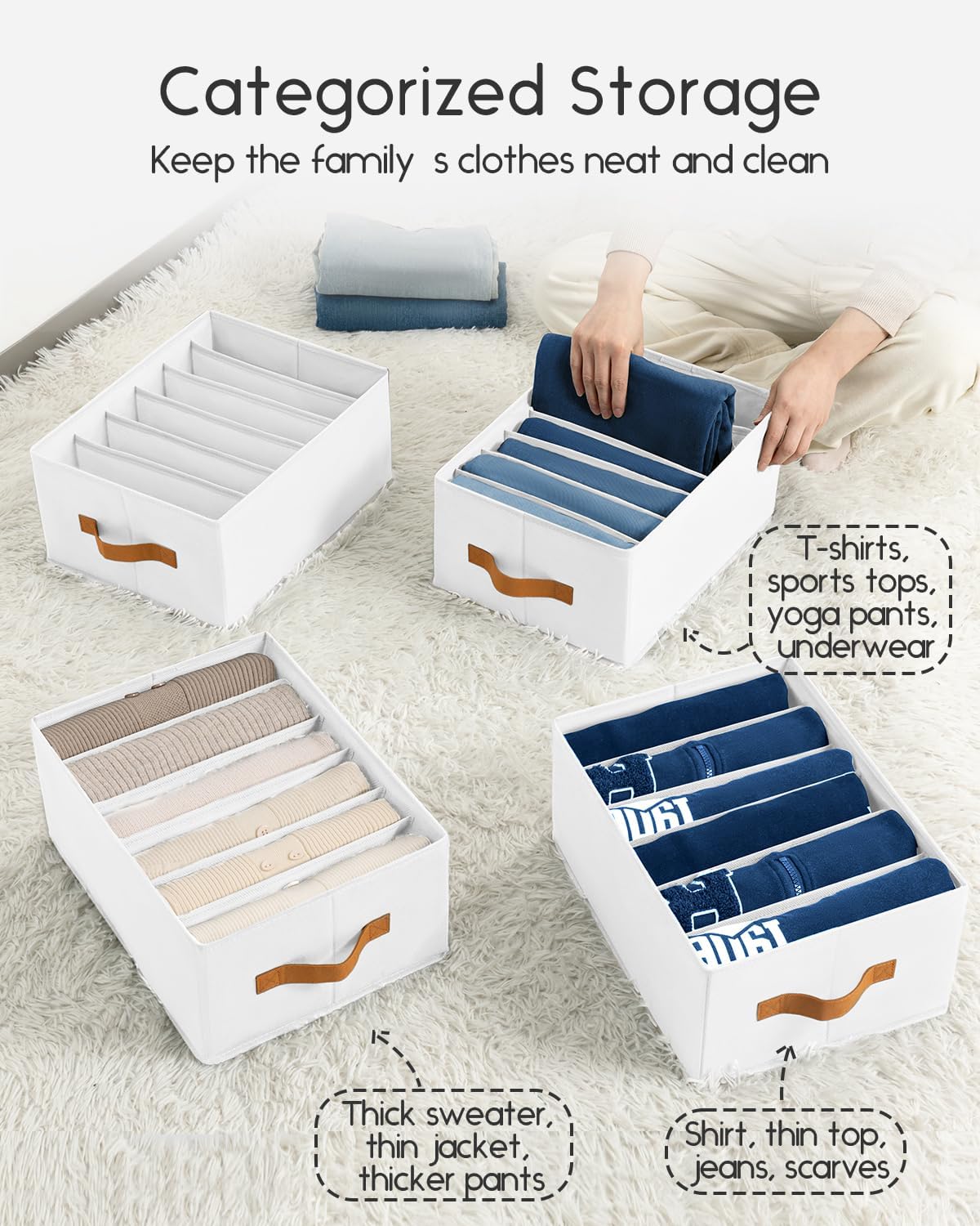 Closet Organizers and Storage - Fabric Clothes Organizer with Handles, Foldable Jeans Organizer for Clothes, Drawer Organizer for Shirts, Bra, Sweater, Scarf, 4 Pack, White