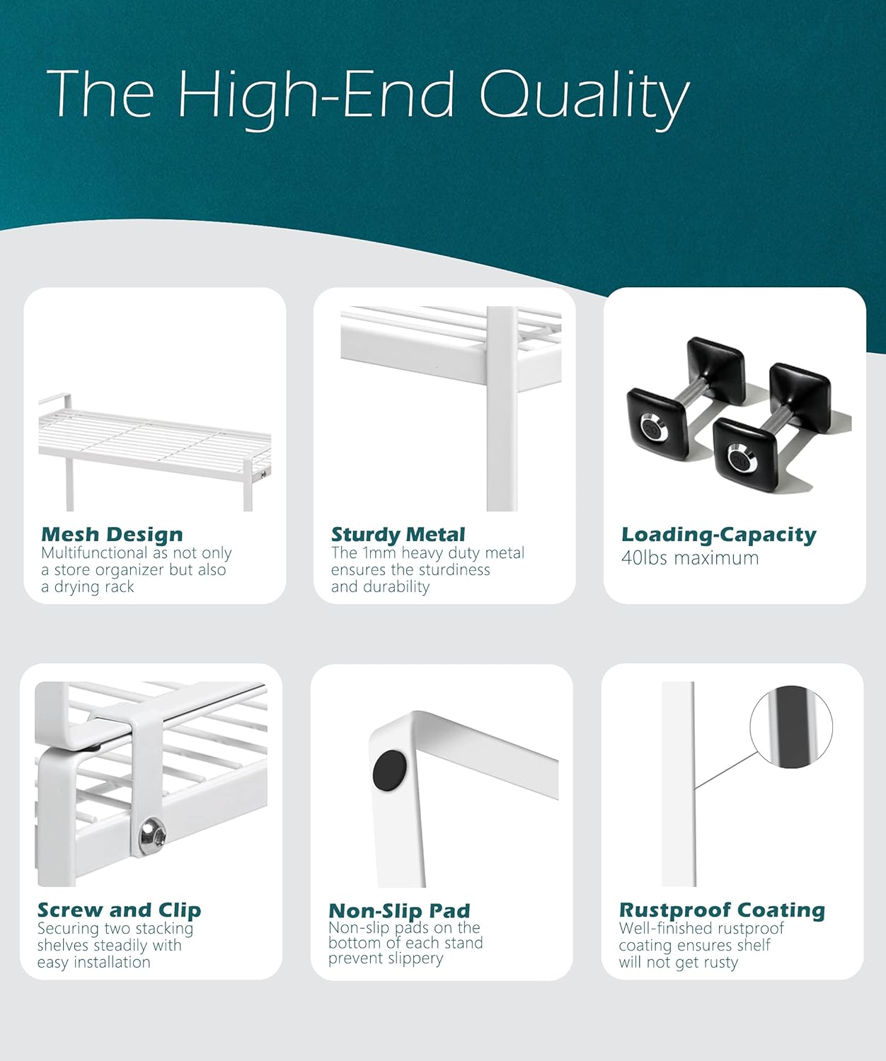 2Pack Kitchen Cabinet Shelf Counter Organizer Rack Pantry Storage Bathroom Bedroom Office Table Desk Space Saving Stackable Rust Resistant Non Slip White Tall Wide L16.1in W10.6in H9.5in
