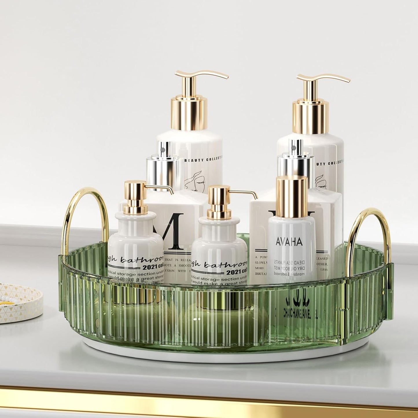 Rotating Makeup Organizer for Vanity, Spinning Cosmetics Storage for Bathroom Countertop, Skincare Holder Rack for Facial Cream, Perfume, Lotion, Lipstick(1 Tier, Dark Green)