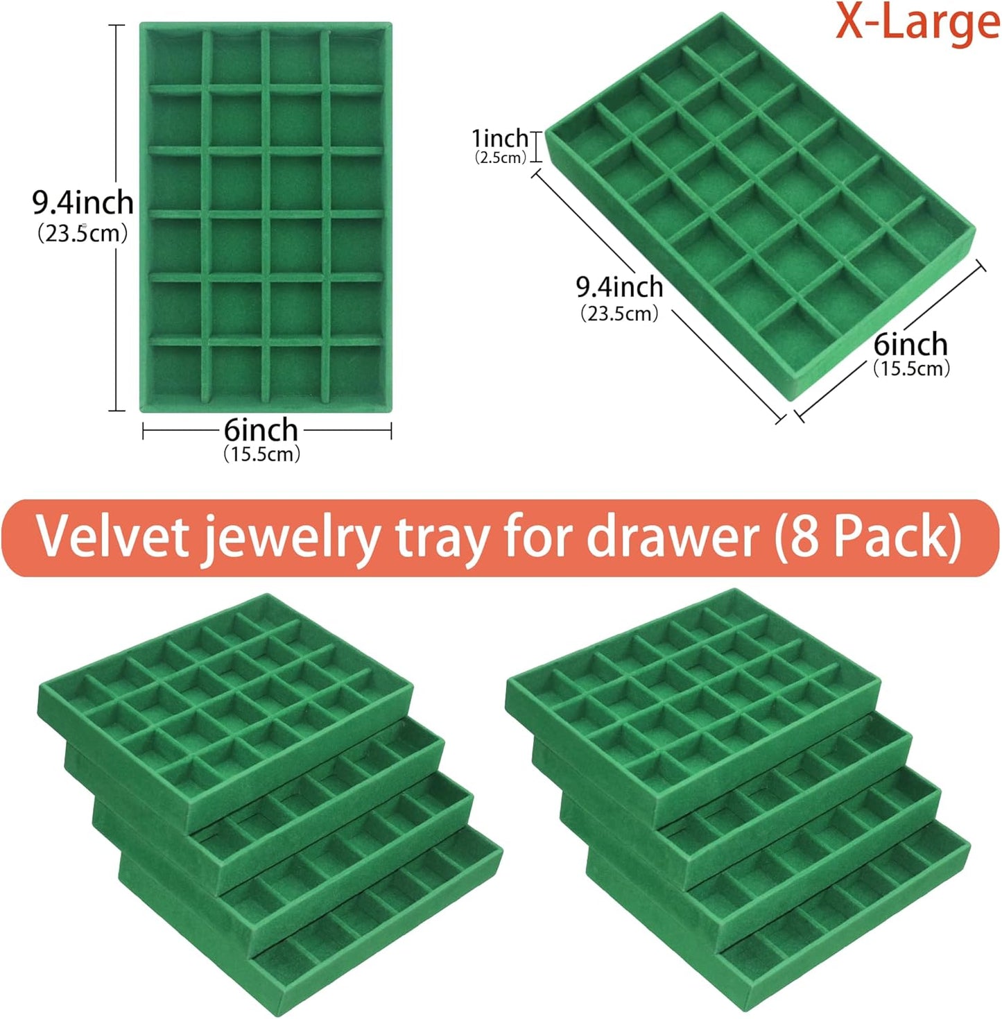 24 Grid Velvet Jewelry Drawer Organizer Tray Stackable Jewelry Trays Removable Dividers for Earring Rings Stud Necklaces (Set of 8, Green