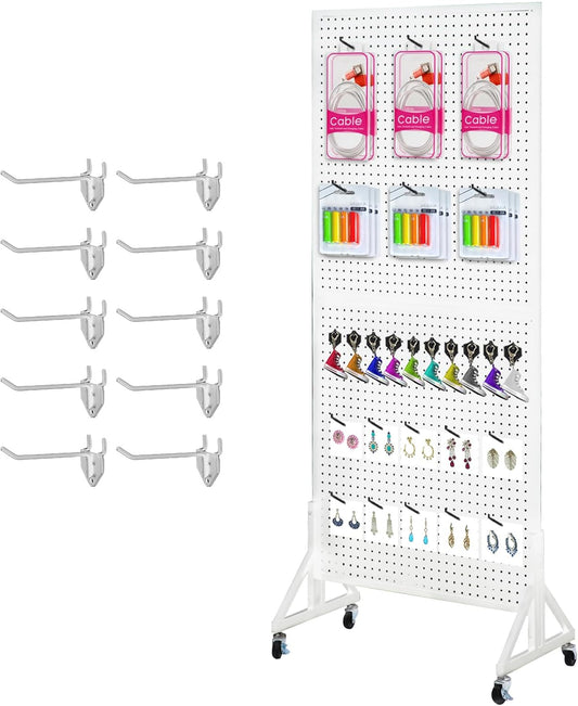 Eastern Tree 2.5'x 6' Metal Pegboard Display Stand with T-Base, Peg Board Panels Display with Casters, Standing Pegboard Display, Retail Display Stand, Extra 10 Pieces Hooks, White