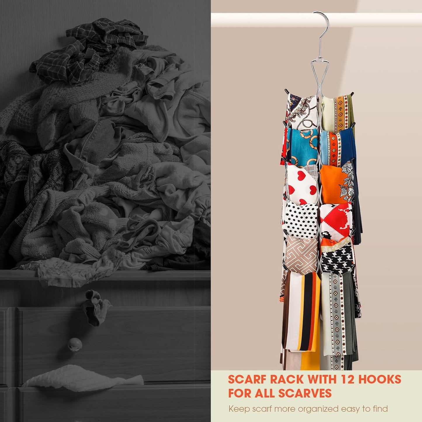 Scarf Hanger 12 Storages,Scarf Organizer with 360 Swivel Hook,Legging Organizer for Closet,Closet Organizer for Scarves, Shawl,Belt,Purse & Baseball Cap