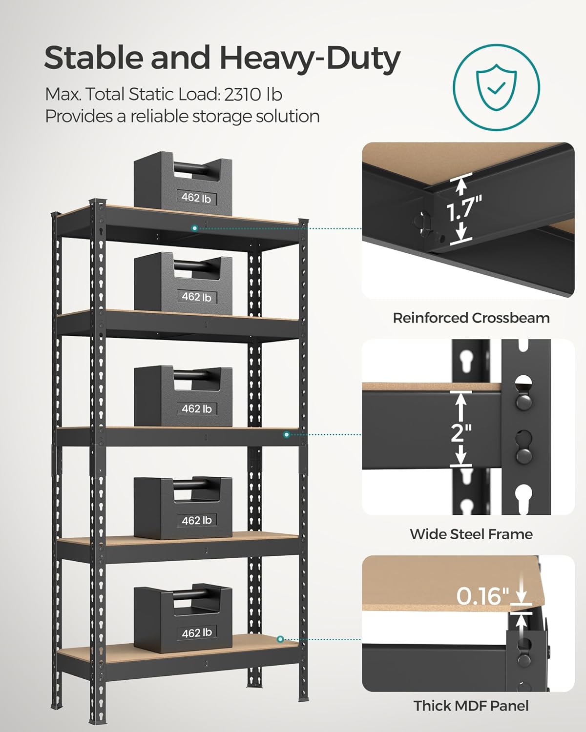 SONGMICS 5-Tier Storage Shelves, Load 2310 lb, Garage Storage, Boltless Assembly, Adjustable Shelving Unit, 11.8 x 29.5 x 59.1 Inches, for Study Shed Basement, Black and Natural Beige UGLR300B01