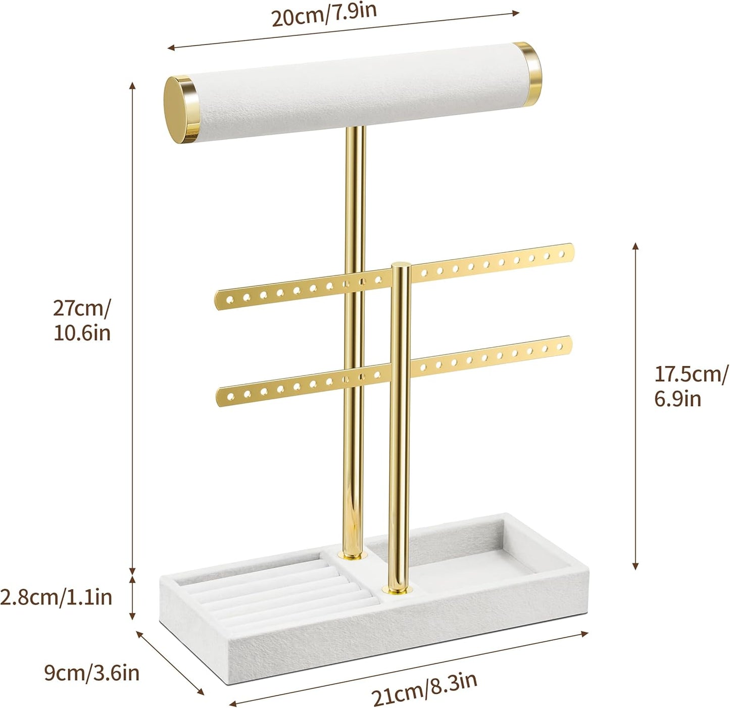 2 Tier Bracelet Holder Display - Detachable T Bar White Velvet Bracelet Holder, Jewelry Holder Organizer for Bracelet, Necklace, Earrings, Rings