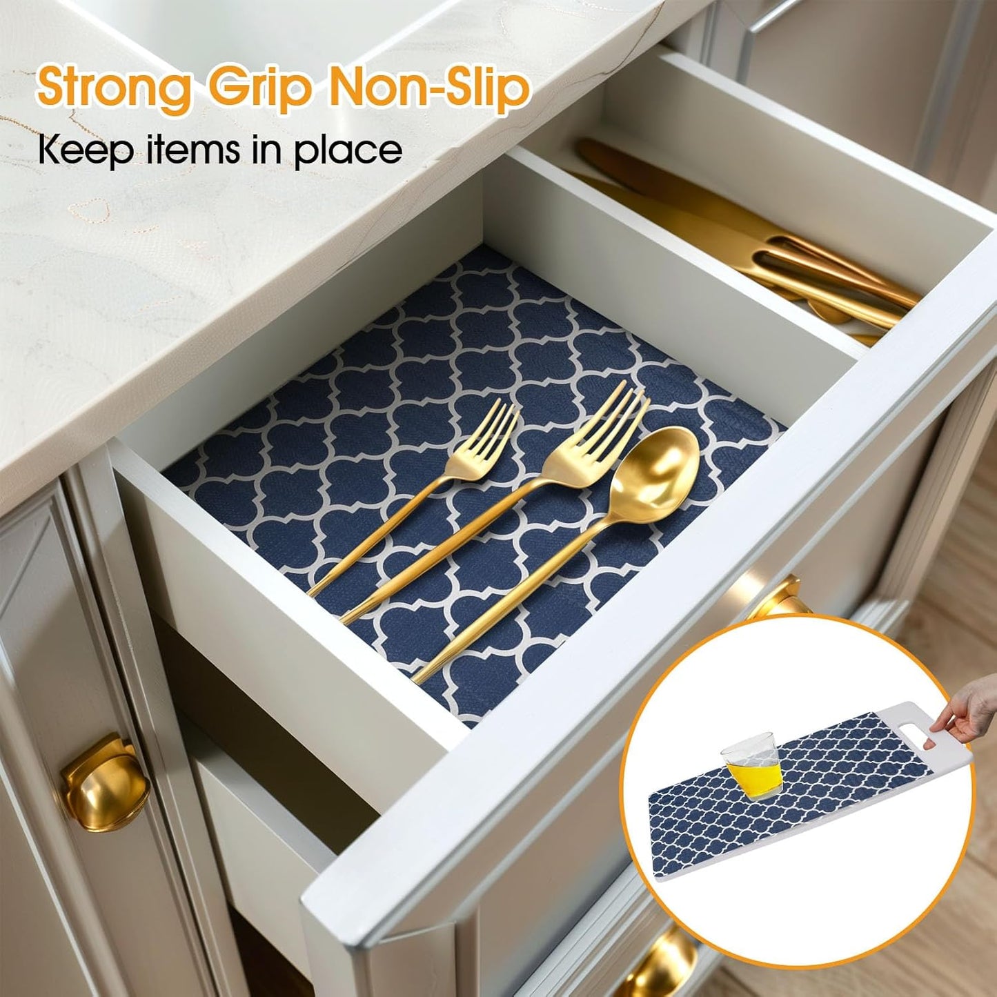 Shelf and Drawer Liner for Kitchen Cabinets Non-Adhesive, Strong Grip Non-Slip Thickened Cabinet Liners for Shelves, Waterproof Mats for Dresser Cupboard, Blue, 12 in x 30 Feet