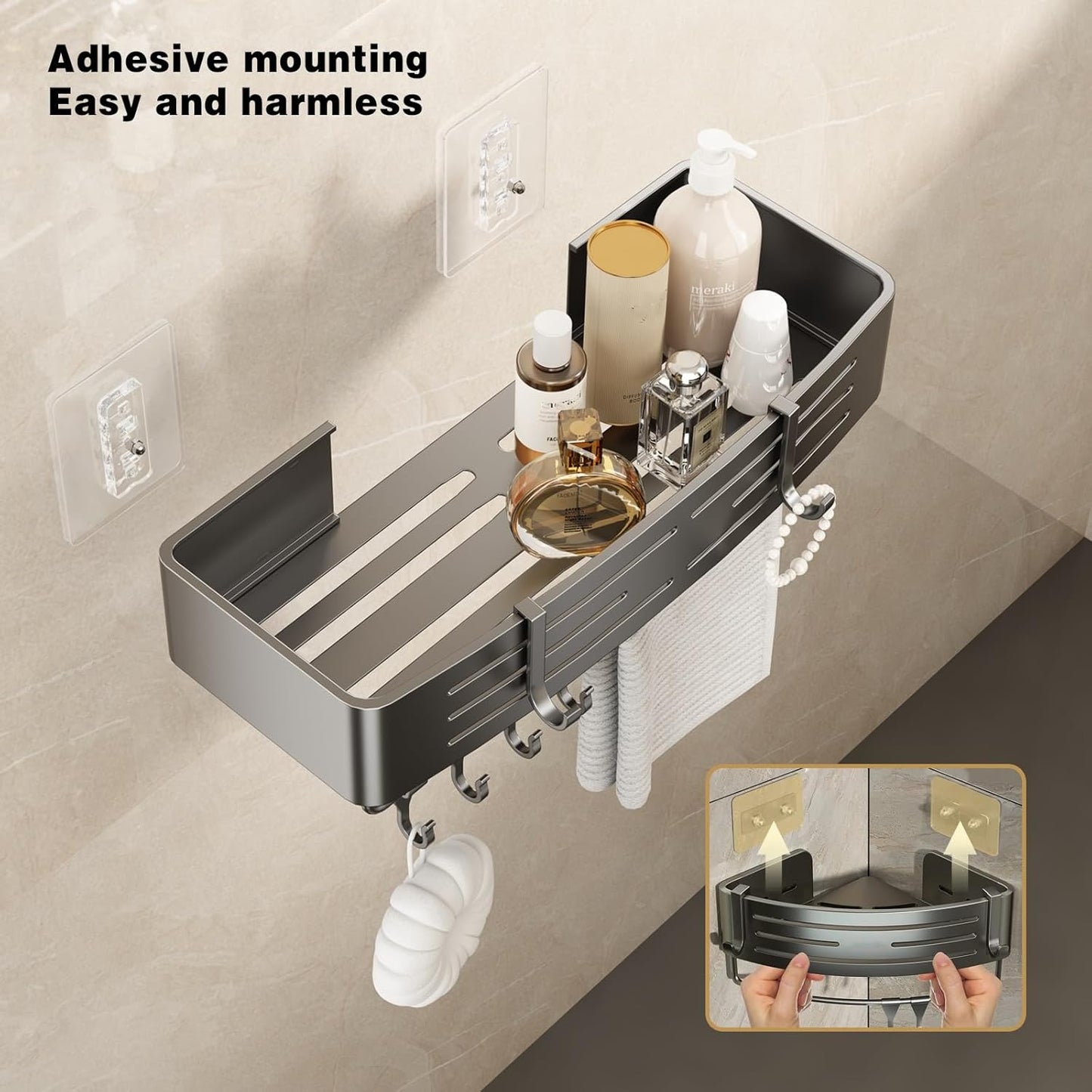 VOLPONE Shower Caddy No Drilling Shower Shelves for Inside Shower Heavy Duty Bathroom Organizer Storage Rack Adhesive with Towel Bar Hooks (2-Pack, Matte Gray)