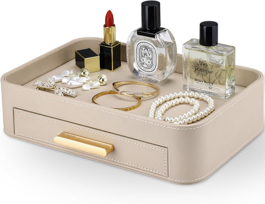 GORESE Valet Jewelry Tray Nightstand Organizer with Drawer, PU Leather Perfume Tray Trinket Trays for Vanity Bathroom Entryway, Catchall Trays for Key Purse Watch Cologne, Gift for Women Men, Beige
