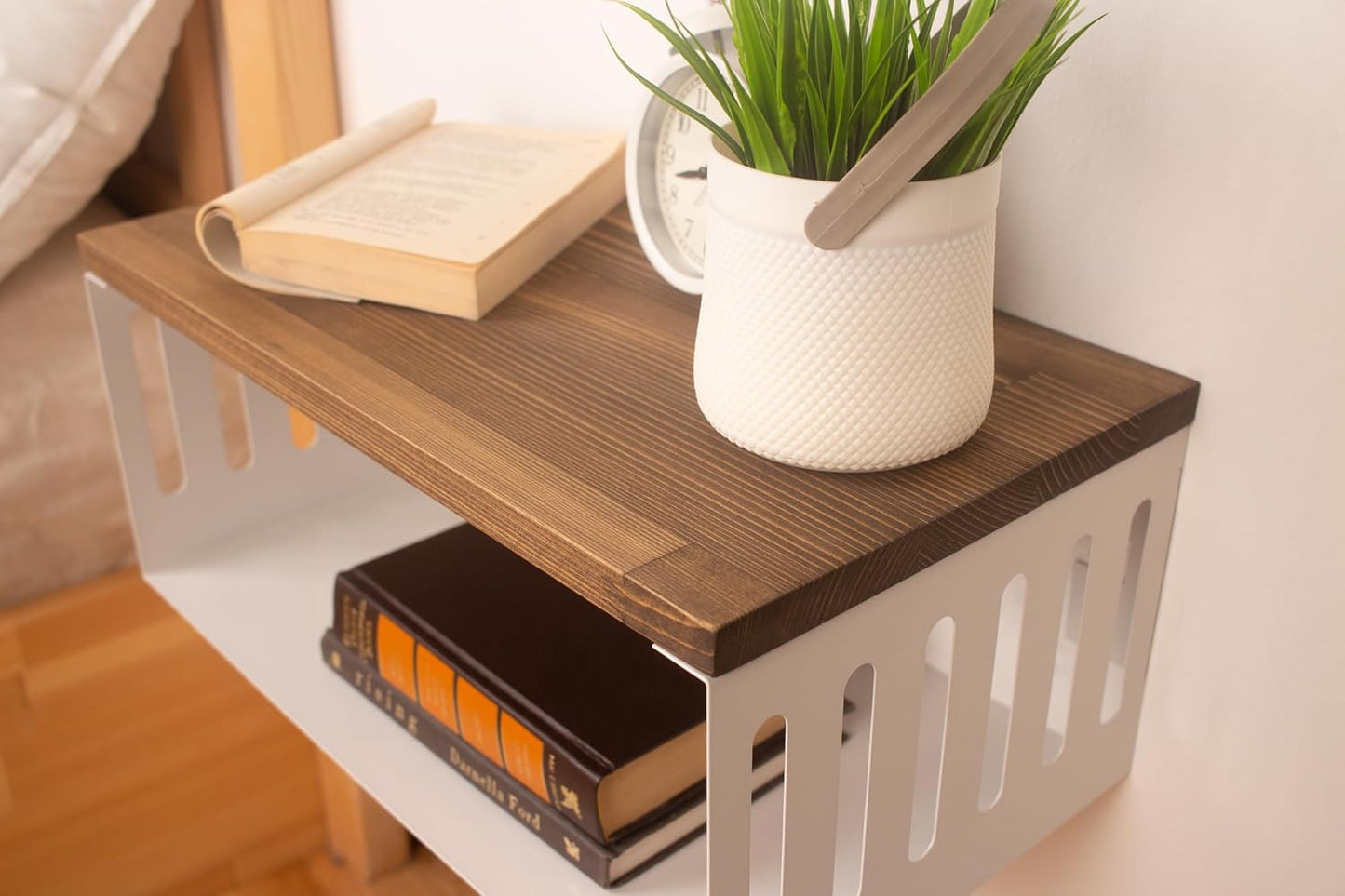 Floating Nightstand with White Metal Base, Wooden Top and Sturdy Metal Base, Minimalist Bedside Table, Wall Mounted Shelf, Bedside Shelf (Vancouver)