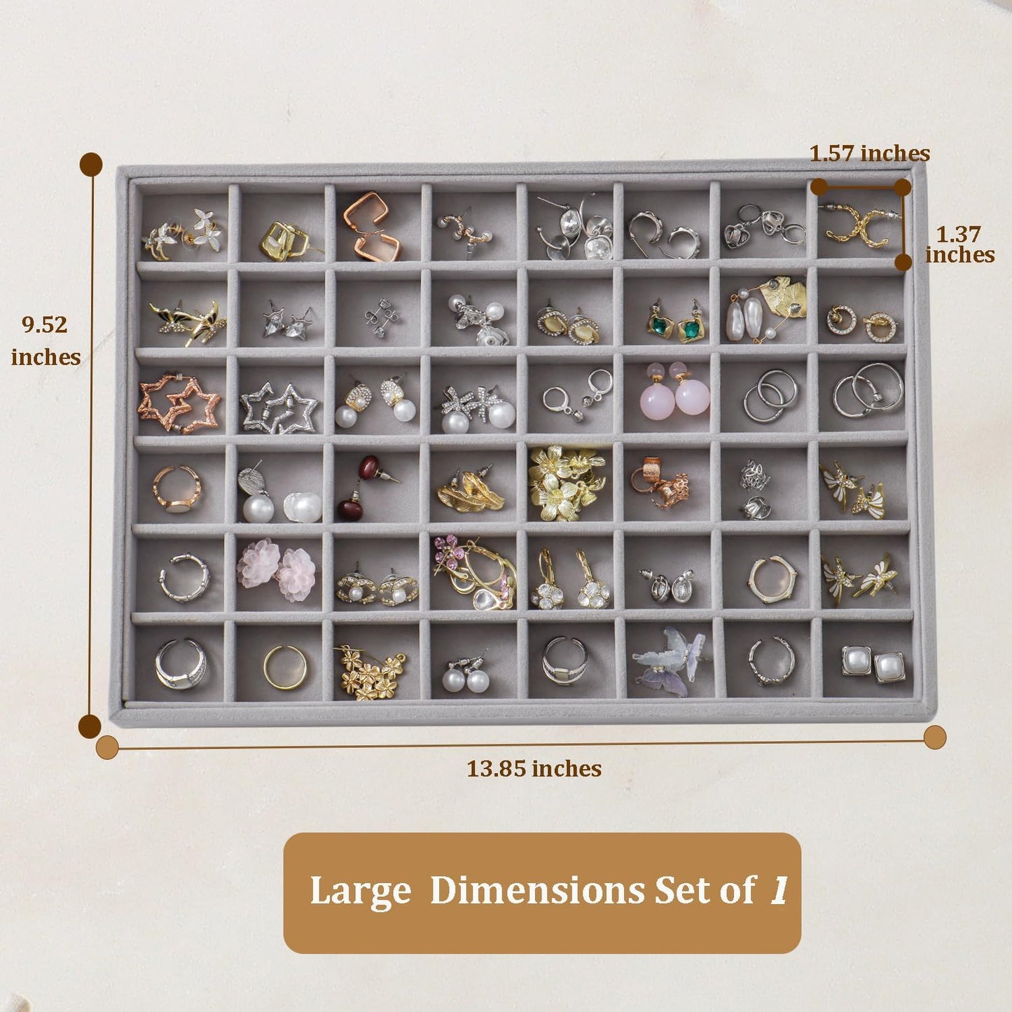 Large Jewelry Organizer for Drawer Insert Velvet Stackable Jewelry Trays for Earring Necklace Bracelet Ring Display (Gray, 48 Grids)