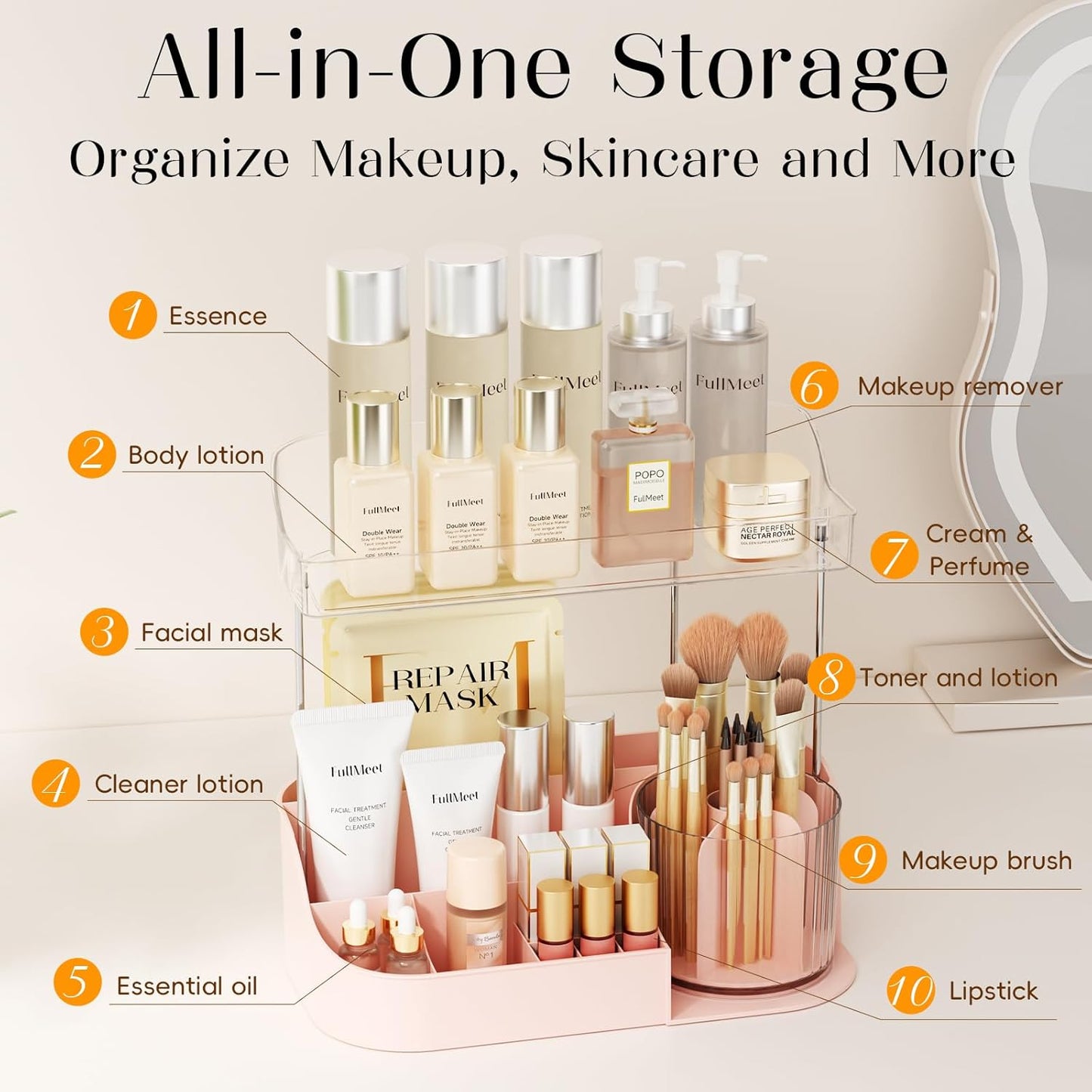 Rotating Makeup Organizer w/Makeup Brush Holder, 2 Tier Bathroom Countertop Organizers, Large Cosmetic Organizer Countertop, Vanity Organizers and Storage for Skincare, Lotion, Lipstick -Pink