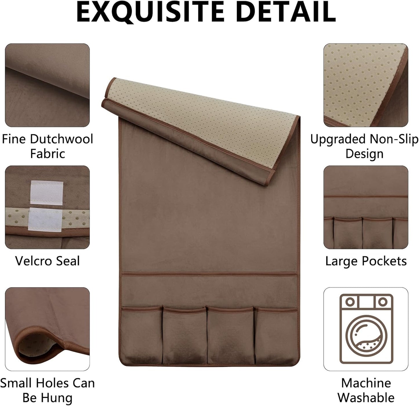TV Remote Control Holder Couch Caddy, Non-slip Bedside Caddy Organizer with 5 Pockets for Key Glasses Phone Magazine Holders (Brown, 35''x18'')